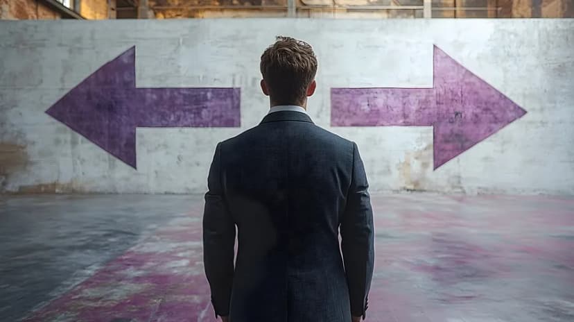 Professional facing two arrows symbolizing career direction